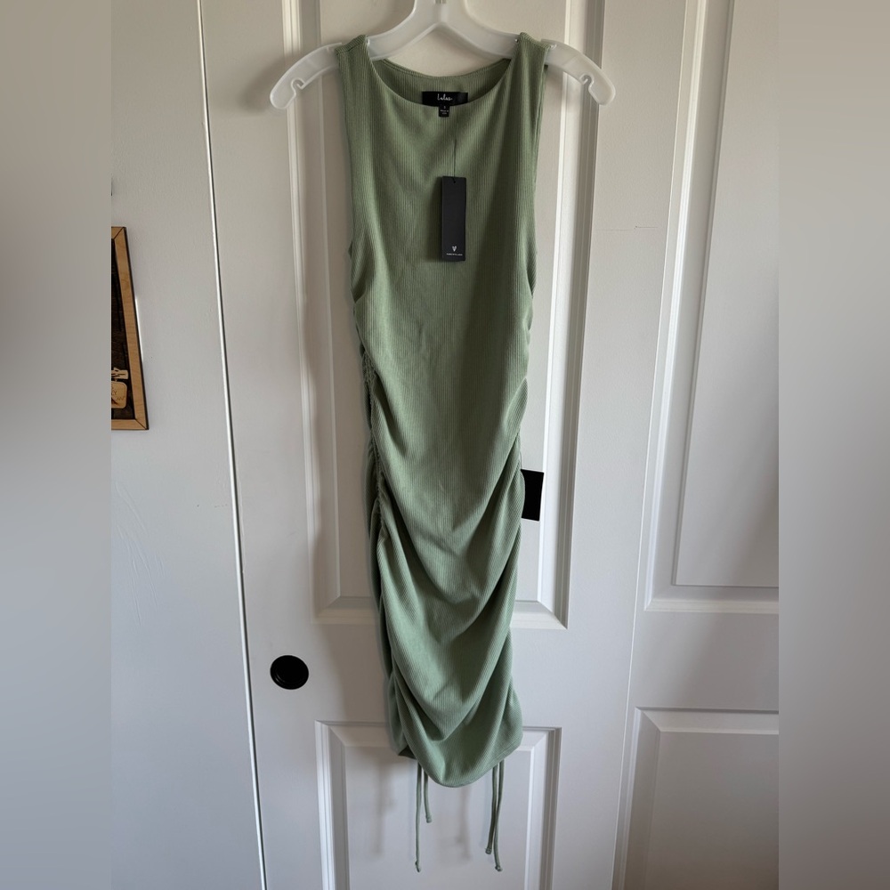 Lulu’s Over and Over Sage Green Ribbed Drawstring Ruched Bodycon Dress - Picture 5 of 9